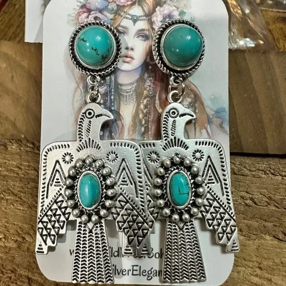 Thunderbird Turquoise 2.5 Inch Long Post Earrings in Antique Silver Finish - Picture 7 of 8